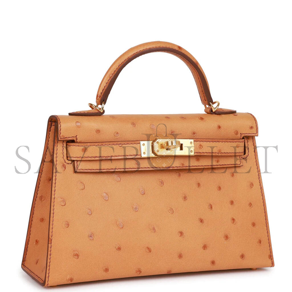 HERMÈS MINI KELLY II GOLD OSTRICH GOLD HARDWARE (19*12*5.5cm)
