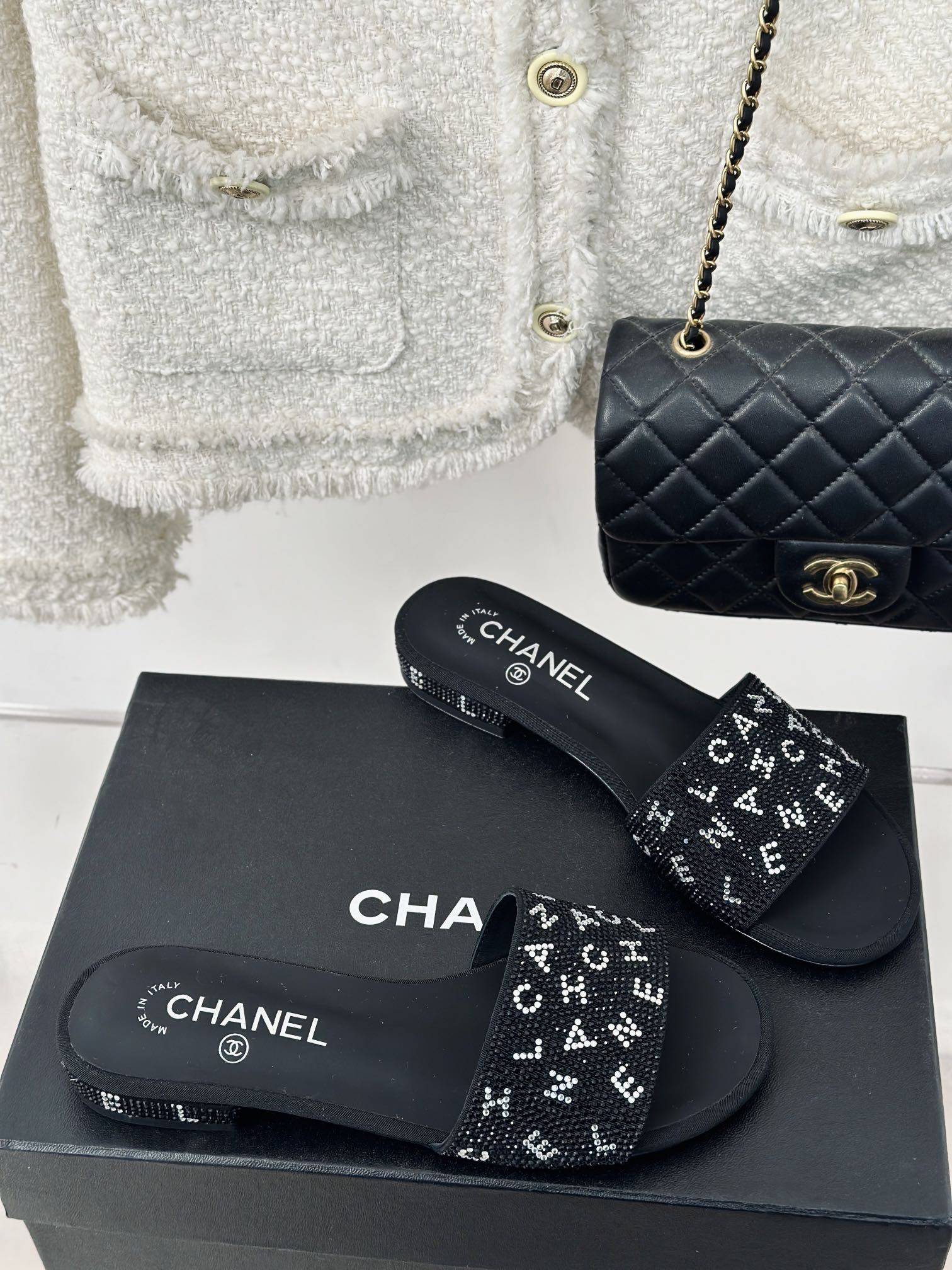 TOP CHANEL Classic Rhinestone Letter Slides 1.5cm - 2 Color