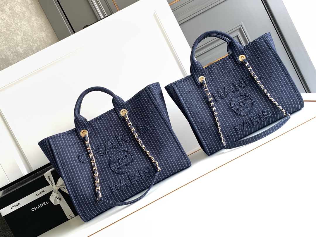 TOP CHANEL Deauville Tote Shopping Bag 32cm/38cm - Striped Denim