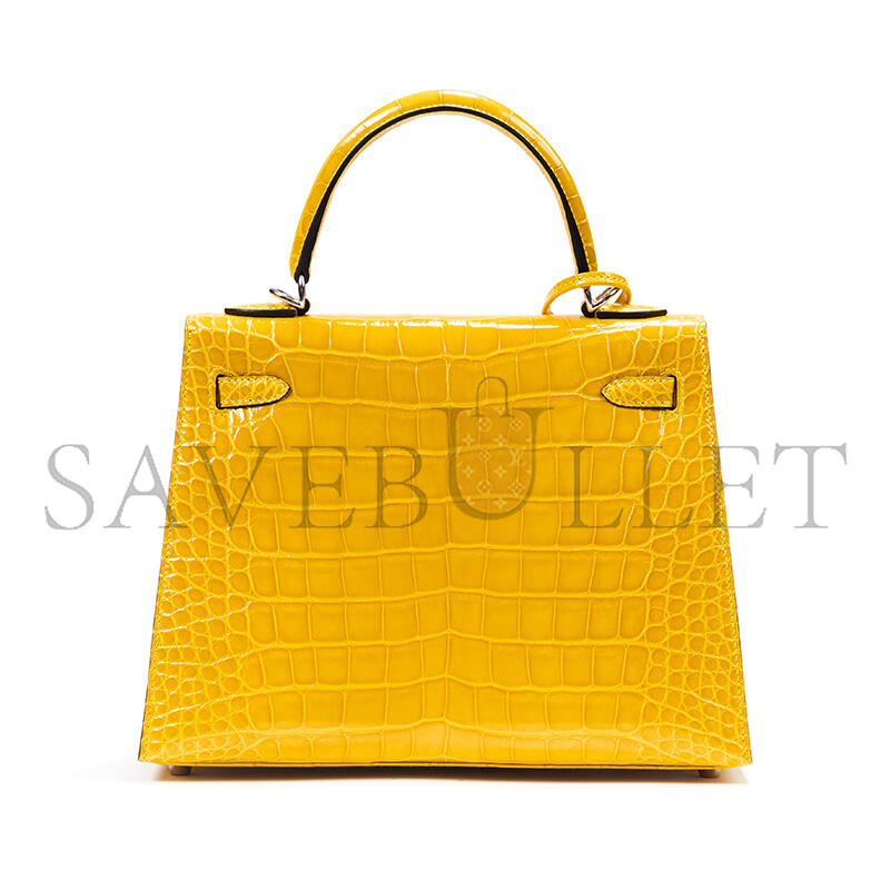 HERMÈS KELLY 25 NILE CROCODILE LEATHER AMBER YELLOW SILVER BUCKLE (25*17*7cm)