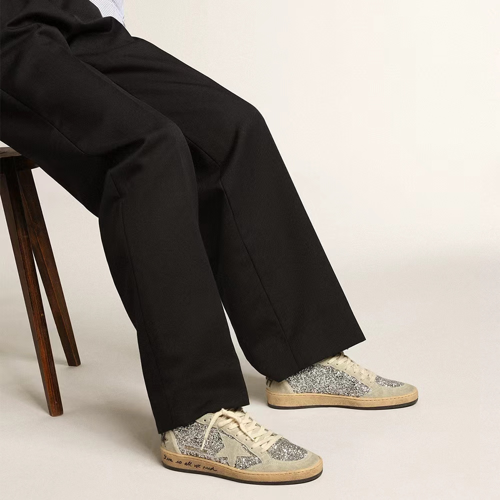 Golden Goose Ball Star in silver glitter with ice-gray suede inserts  (Replica)