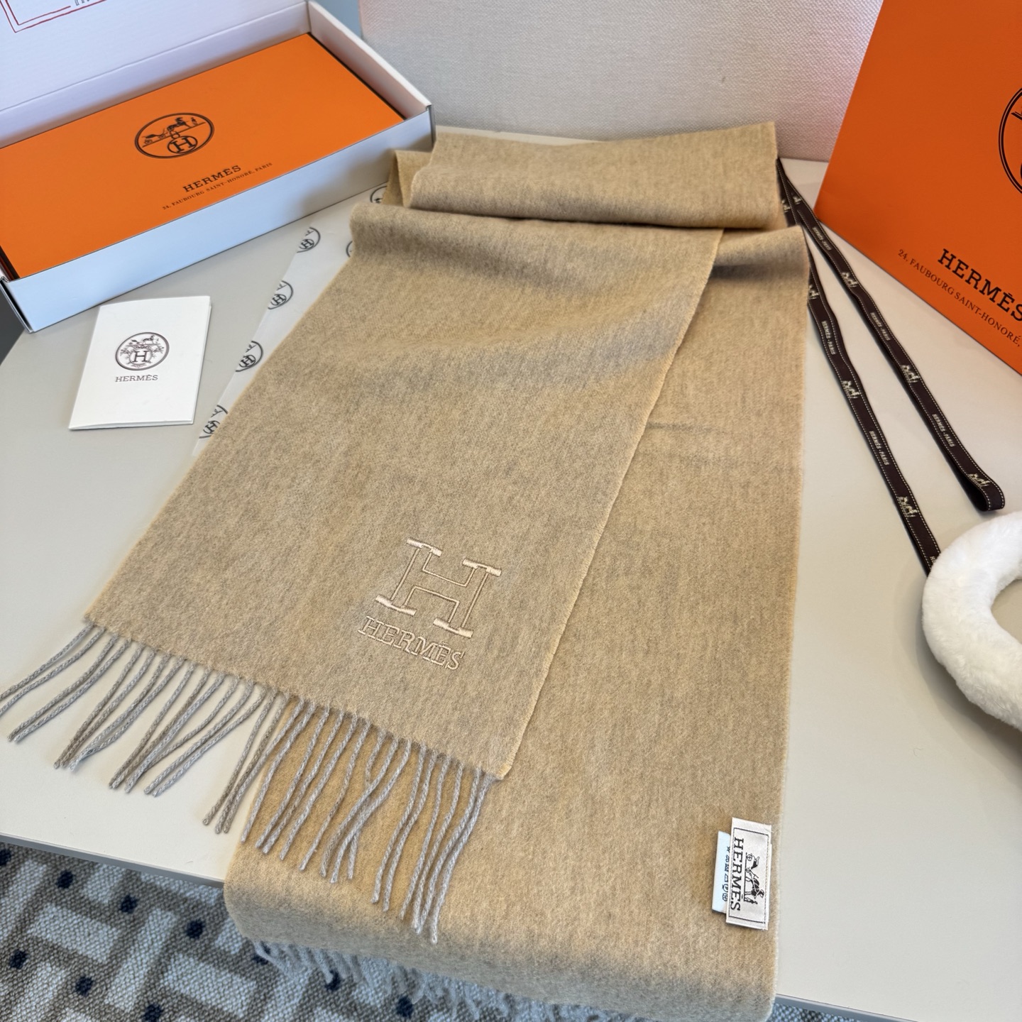 TOP HERMES Scarf with Embroidery Logo 35 x 190 cm - Gray