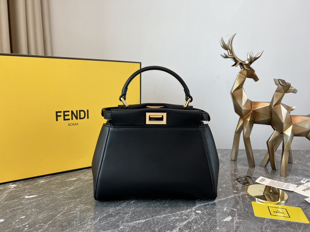 TOP FENDI Lambskin Iconic Mini Peekaboo Bag 23cm - Black&GHW