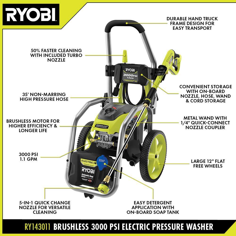3000 PSI 1.1 GPM Cold Water Electric Pressure Washer and 12 in. Surface Cleaner with Caster Wheels