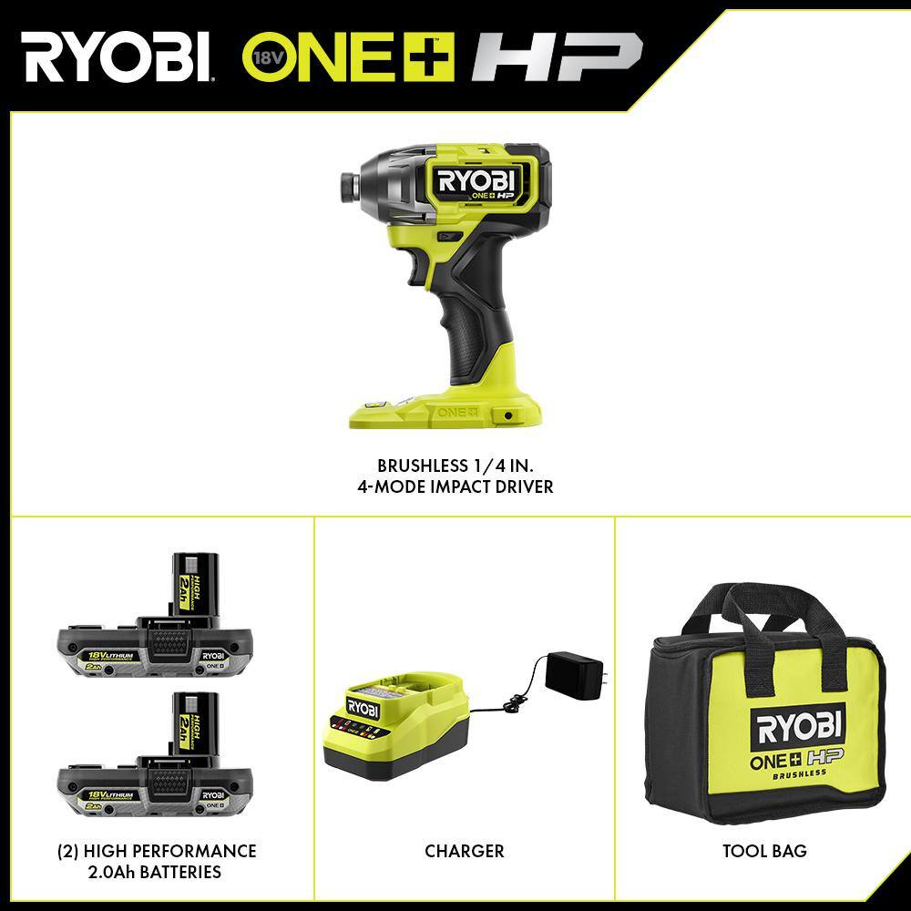 ONE+ HP 18V Brushless Cordless 1/4 in. 4-Mode Impact Driver Kit w/(2) 2.0 Ah HIGH PERFORMANCE Battery, Charger, Bag