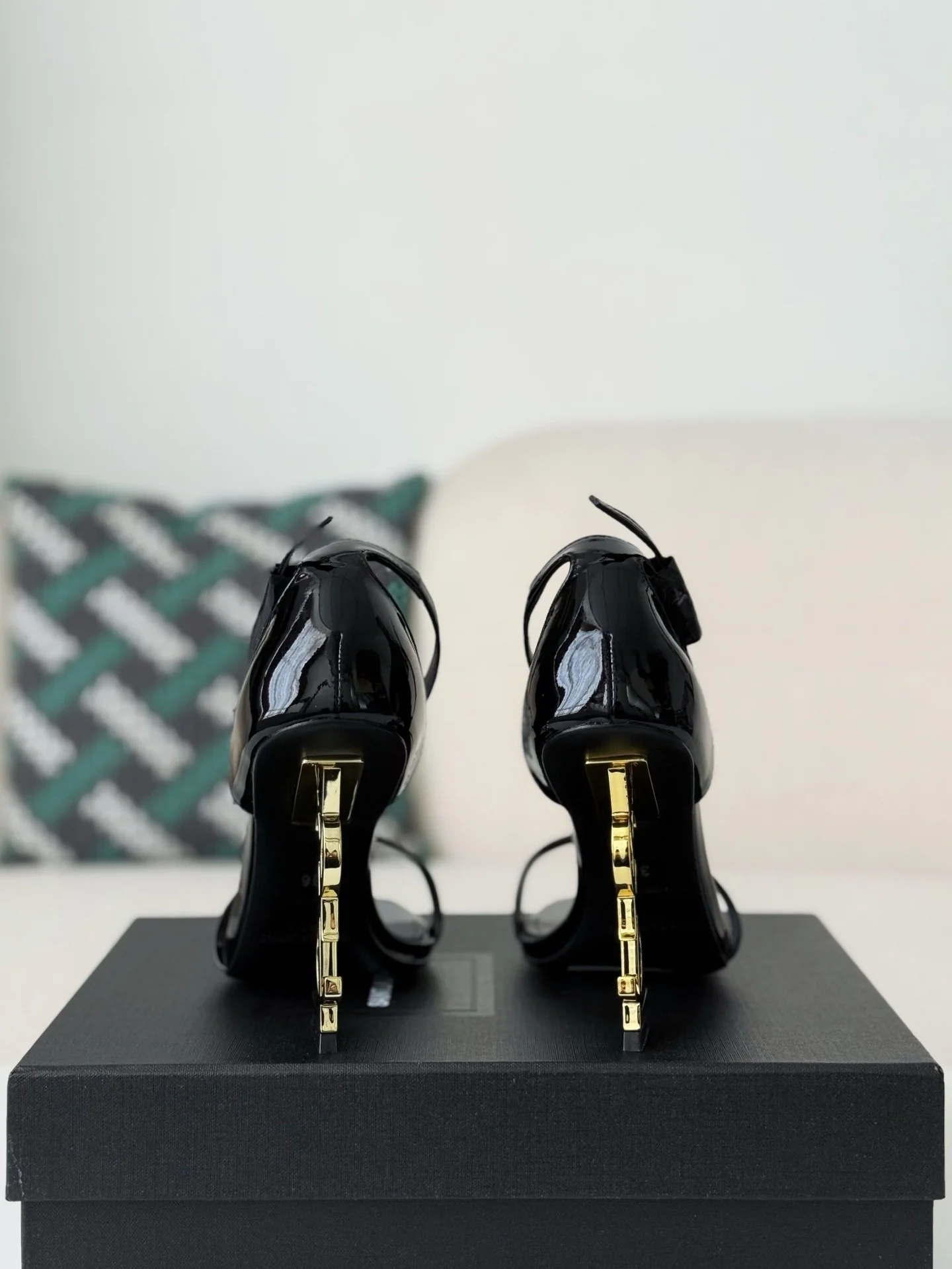 AAASandal Women Black Patent Leather Square Toe Ankle Strap Sandals Luxury Sculpted Metal Heel Party High Heels