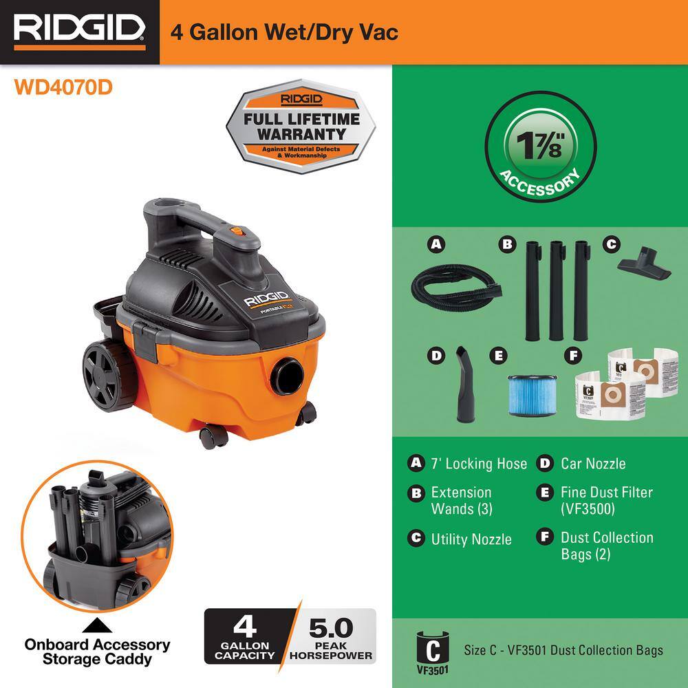 4 Gallon 5.0 Peak HP Portable Shop Vac Wet Dry Vacuum with Fine Dust Filter, Dust Bags, Hose, and Accessory Attachments