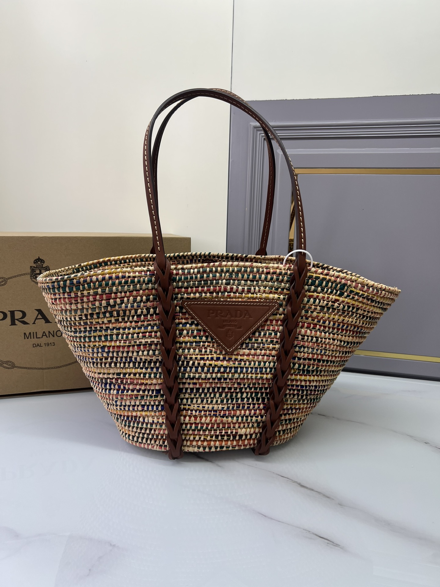 Top PRADA Corn Cob Shoulder Strap Straw Bag 25×25-50×16 cm - Black