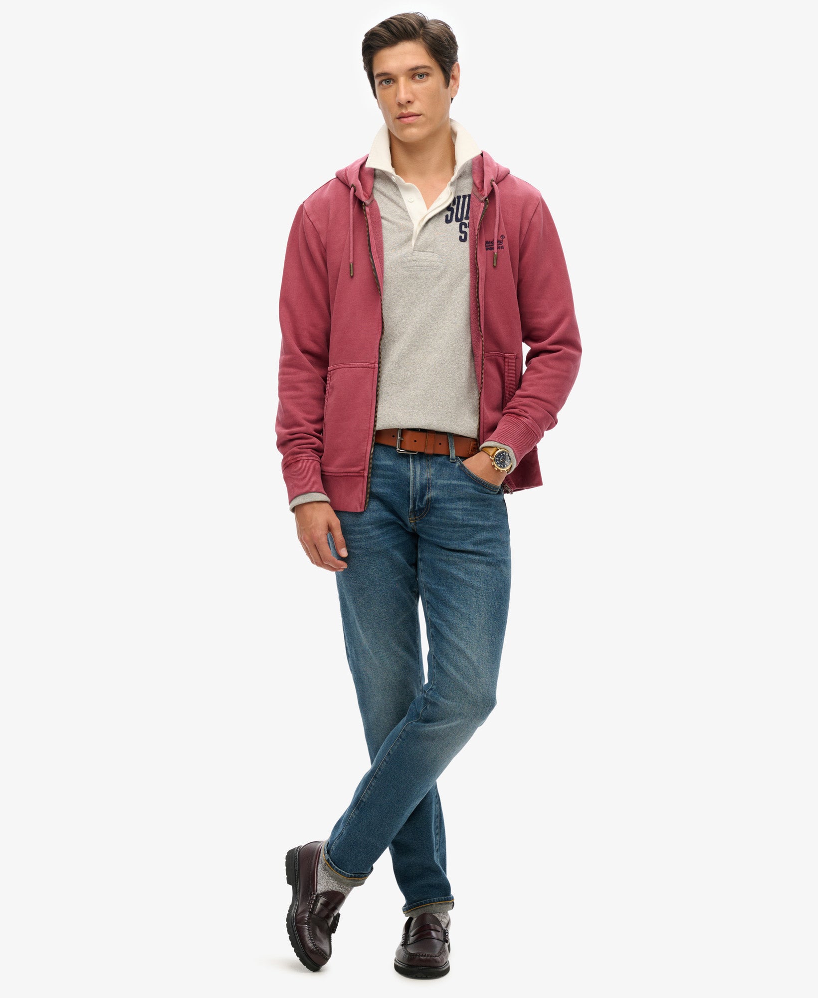 Essential Logo Washed Ziphood | Washed Rich Burgandy