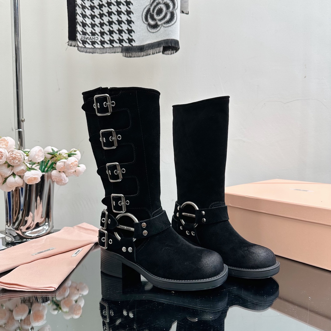 TOP Miu Miu Retro Western Catwalk Motorcycle High Boots - 3 Colors - Suede with 4 Buckles