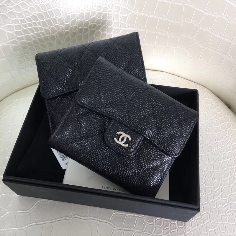 TOP CHANEL Trifold Wallet Caviar Skin - Black & SHW