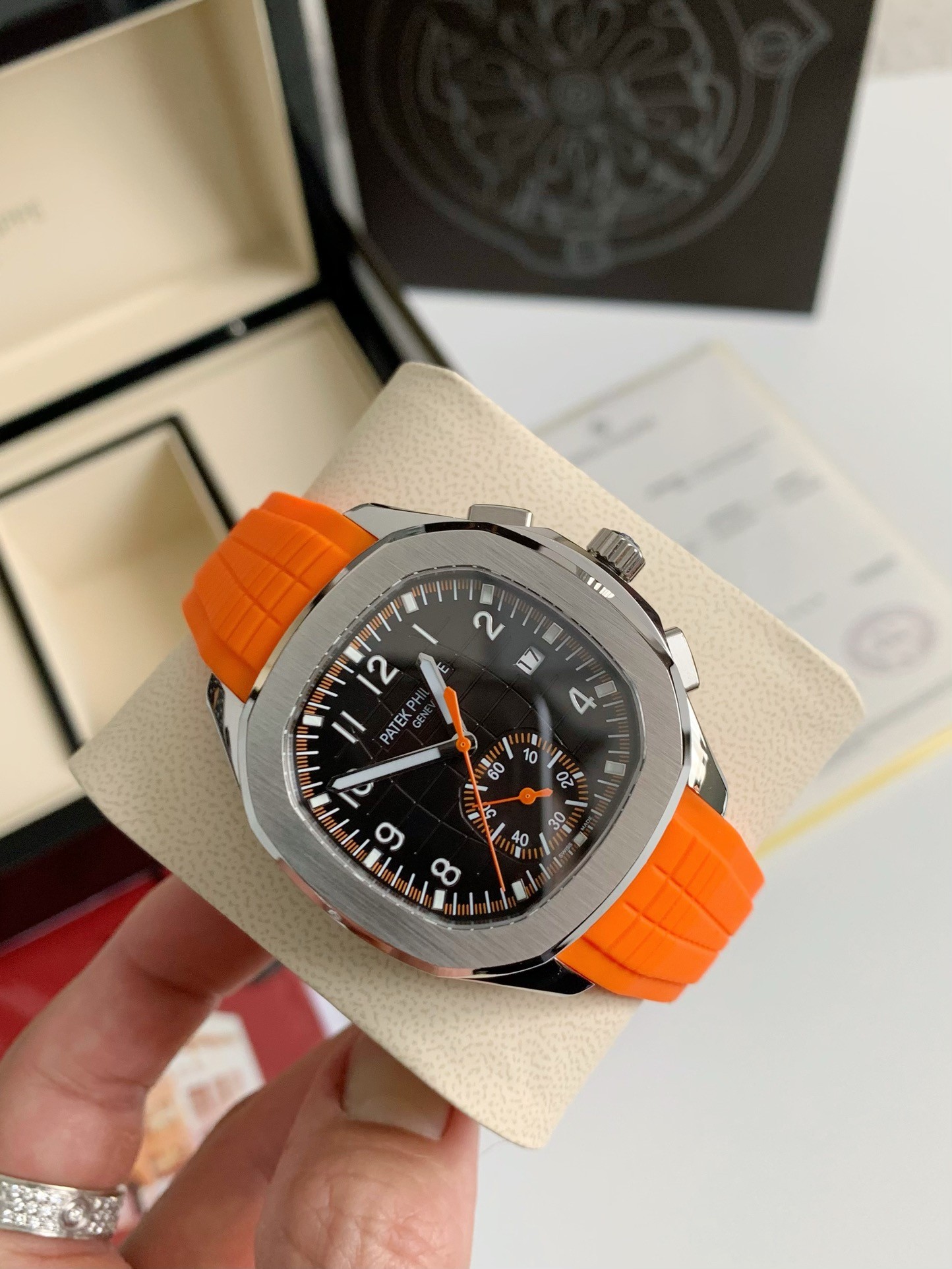 Patek Philippe Aquanaut Chronograph Men Automatic Watch, Orange Rubber Strap, Black Dial Stainless Steel Wrist Watch with Full Box Set