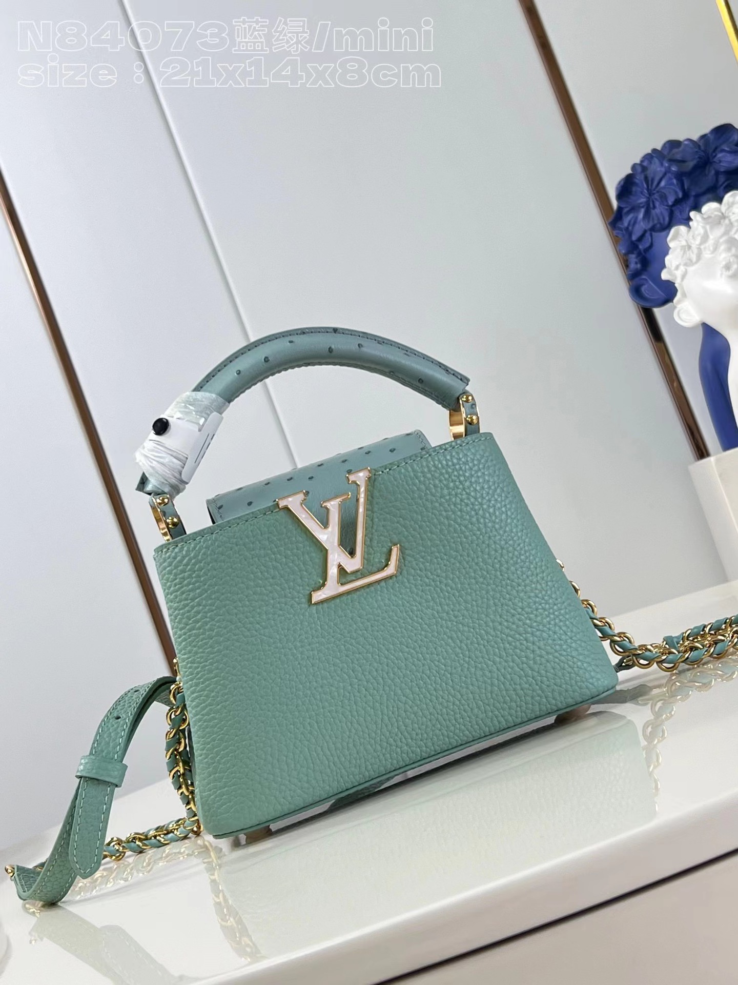 TOP Louis Vuitton LV Calfskin Leather And Ostrich Leather Details Capucines Bag - Mint Green