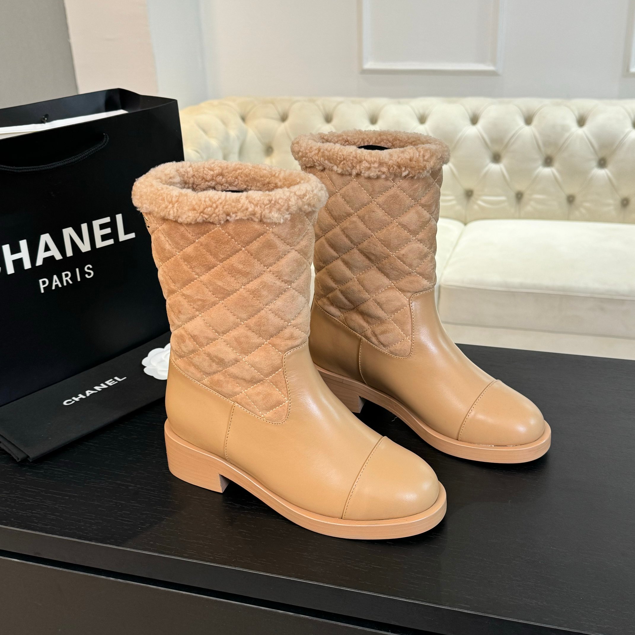 TOP CHANEL 5.5cm Mid Heel Patchwork Chunky Heel Boots - 4 Color