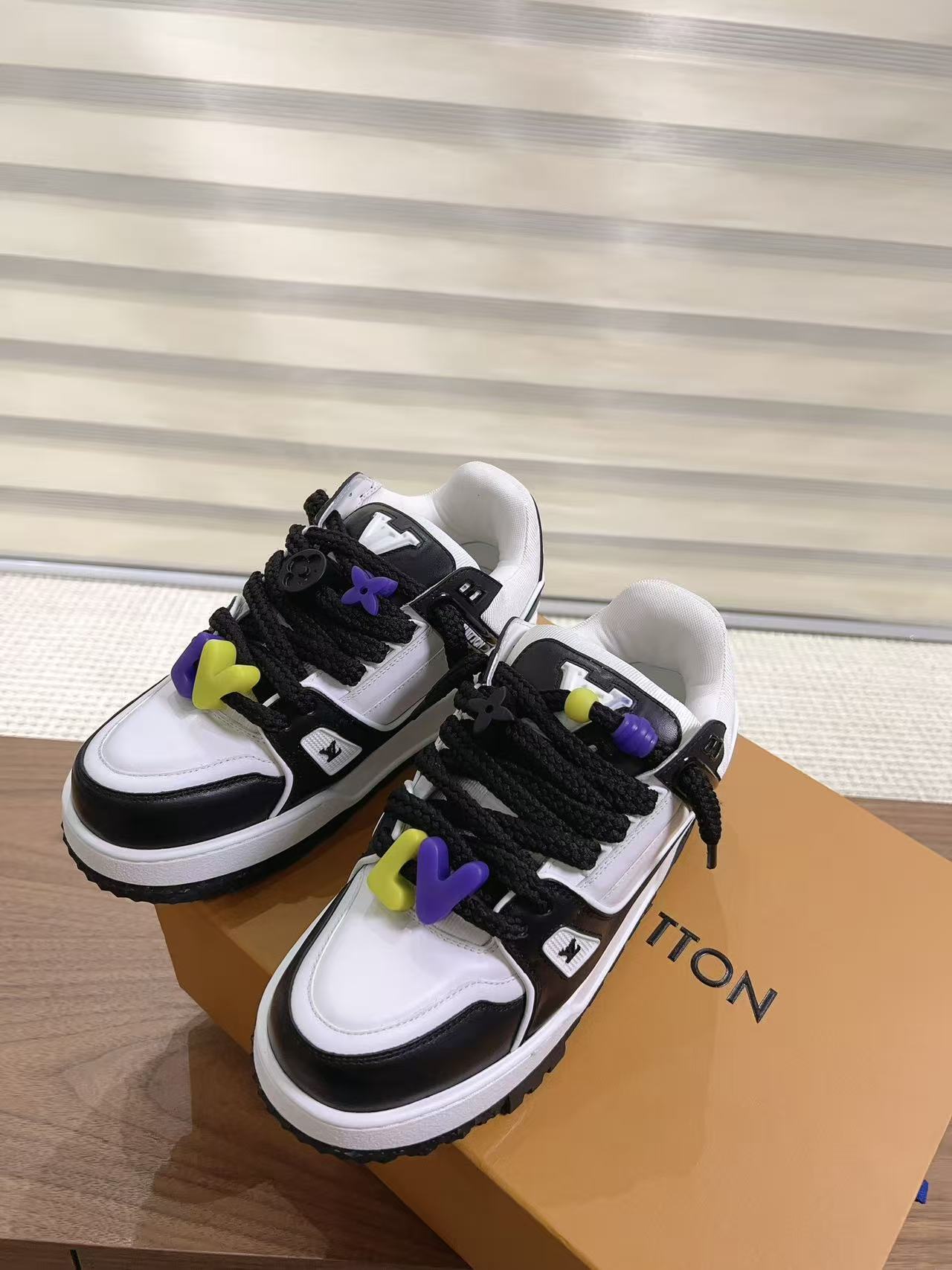 LOUIS VUITTON Black White Color Block Platform Sneakers, Unisex Chunky Skate Shoes with Colorful Lace Charms