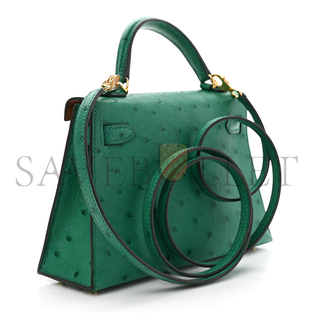 HERMÈS OSTRICH HORSESHOE KELLY SELLIER MINI 20 VERT VERTIGO GOLD (19*12*5.5cm)