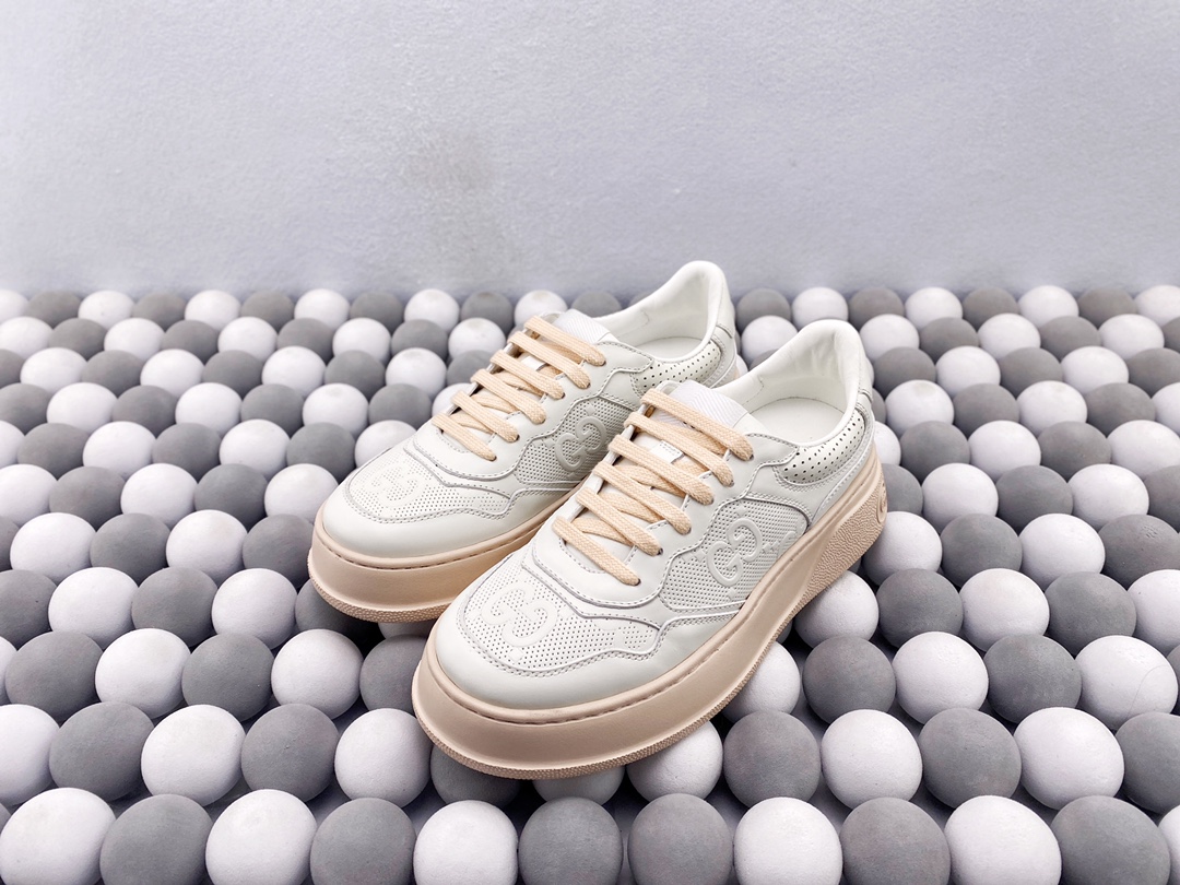 Gucci Women Off‑White Platform Sneakers Embossed Double‑G Beige Thick Sole Lace‑up Casual Shoes