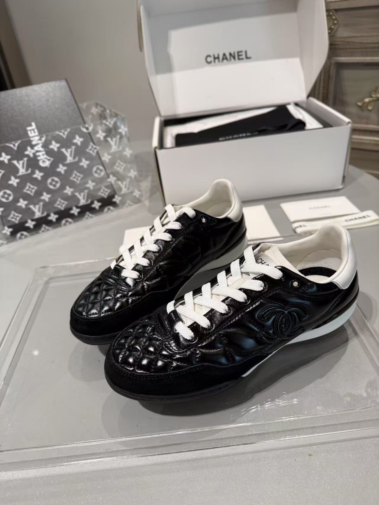 Chanel Women Quilted Diamond Sneakers Black Patent Leather White Sole Lace‑Up Casual Shoes