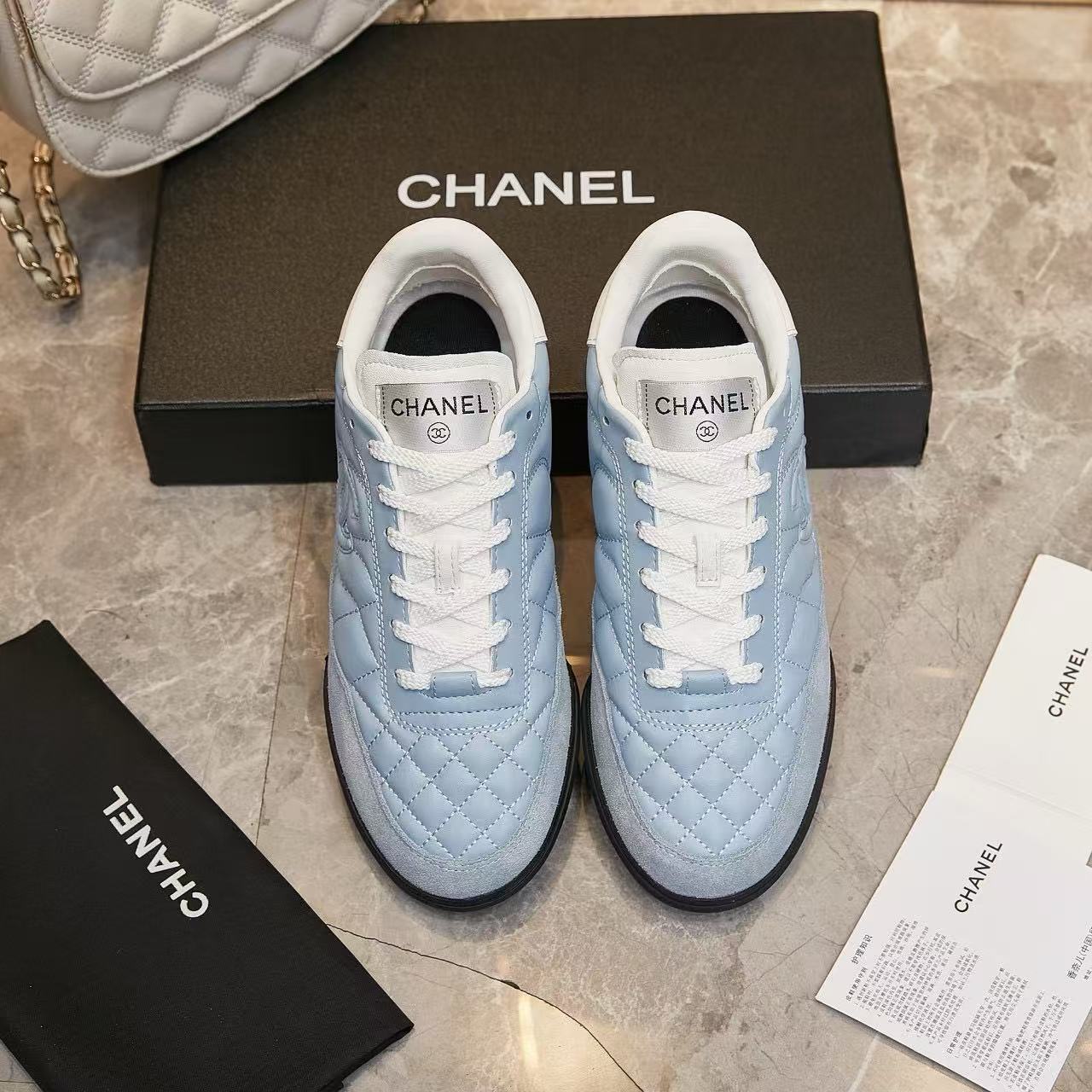 Chanel Women Quilted Diamond Lace‑Up Sneakers, Baby Blue Leather & Suede Mixed Retro Trainer Shoes