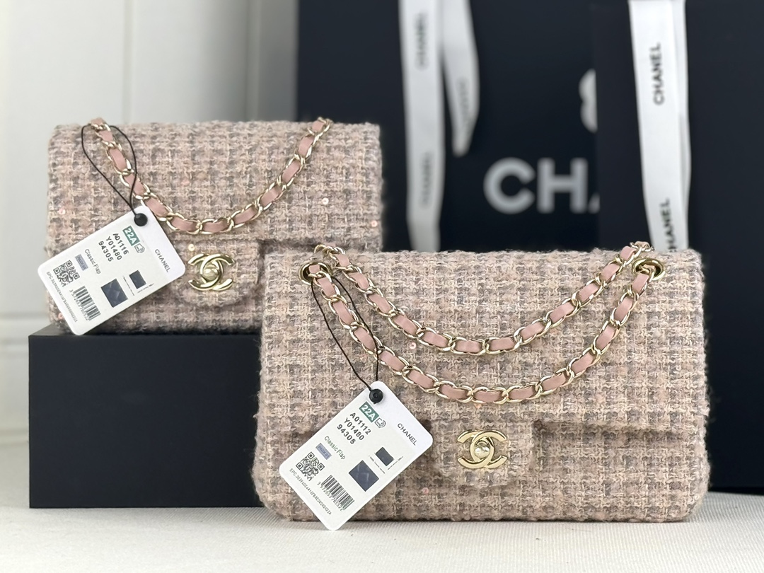 TOP CHANEL Wool Tweed Flap Bag 20cm/25cm - Pink and Gray