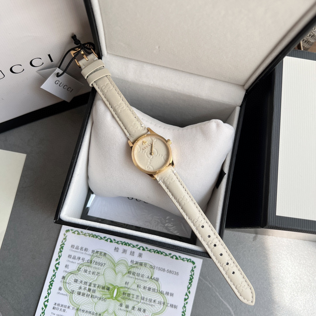 TOP GUCCI G-Timeless Lady Watch Leather 28mm - White & GOLD