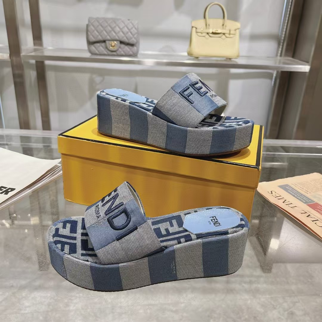TOP FENDI FF Logo Slippers - Denim