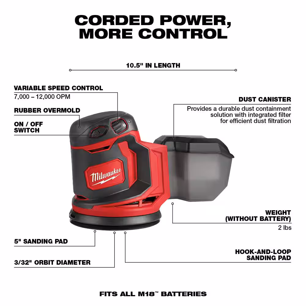 M18 18V Lithium-Ion Cordless 5 in. Random Orbit Sander with (2) M18 5.0Ah Batteries