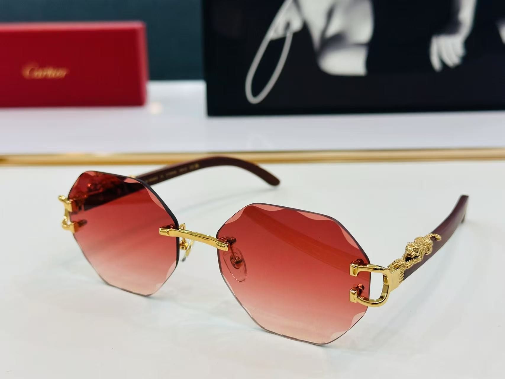 Cartier Luxury Rimless Cut Edge Sunglasses, Panther Logo Metal Temples, Premium Unisex Sun Glasses