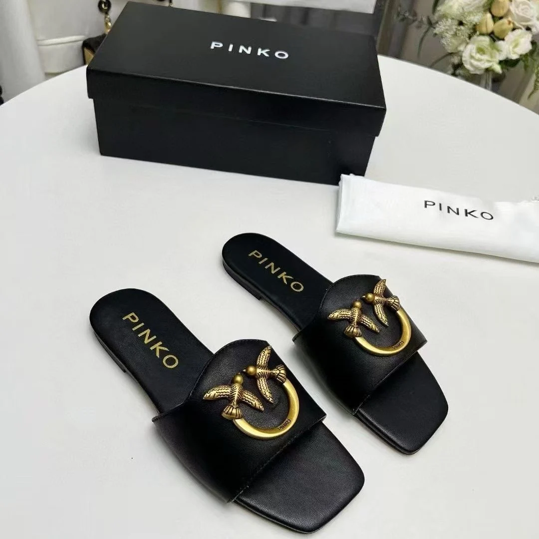 AAASandals Women Square Toe Leather Slide Sandals, Vintage Antique‑Gold Bird Metal Ornament Slip‑On Flat Summer Slippers