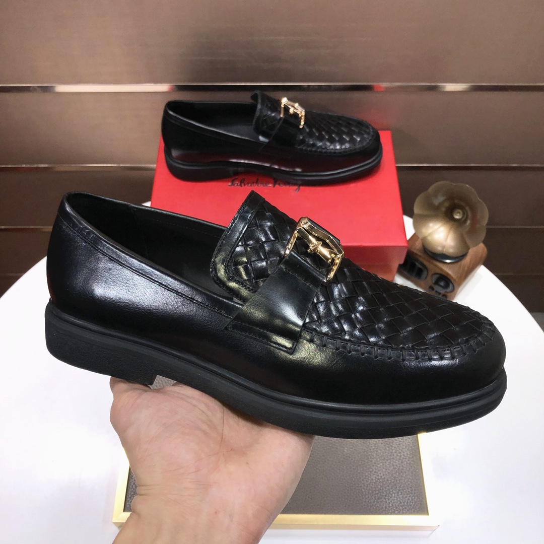 Salvatore Ferragamo Men's Woven Leather Loafers, Black Gold Buckle Thick Sole Slip-on Business Casual Dress Shoes