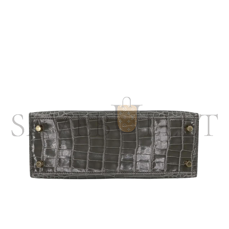 HERMÈS KELLY 25 SELLIER GRIS CEMENT SHINY ALLIGATOR GOLD HARDWARE (25*17*7cm)