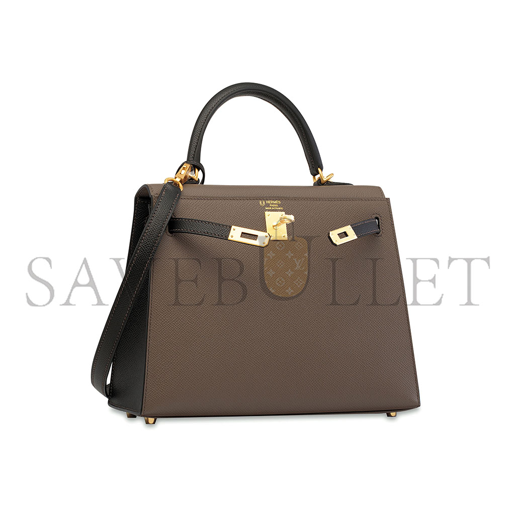 HERMÈS BLACK EPSOM LEATHER SELLIER KELLY 25 WITH BRUSHED GOLD HARDWARE (25*17*7cm)