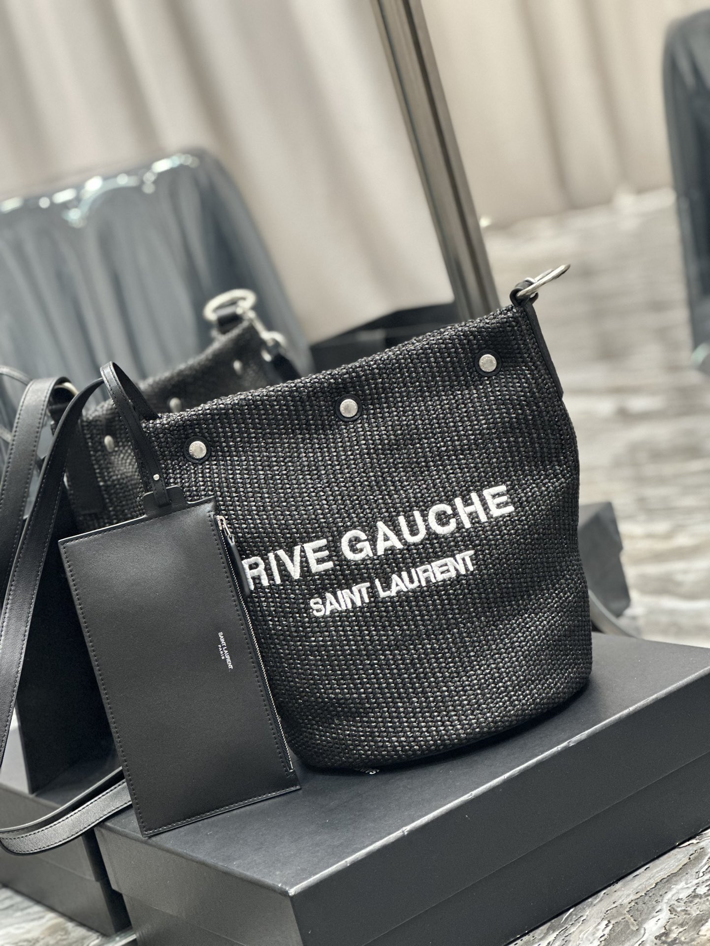 TOP Yves Saint Laurent YSL French Woven Bucket Bag - Black