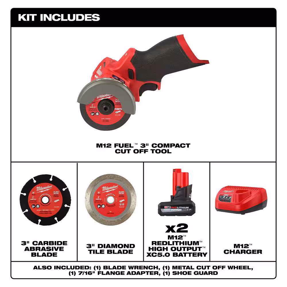 M12 FUEL 12V Lithium-Ion Brushless Cordless 3 in. Cut Off Saw w/M12 XC 5.0 Ah Battery (2-Pack) Starter Kit and Charger