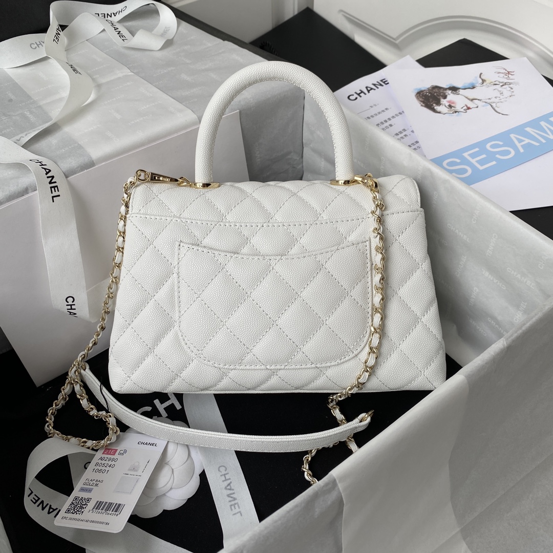 TOP CHANEL CoCo Handle Bag Carviar Medium 23cm - White & GHW
