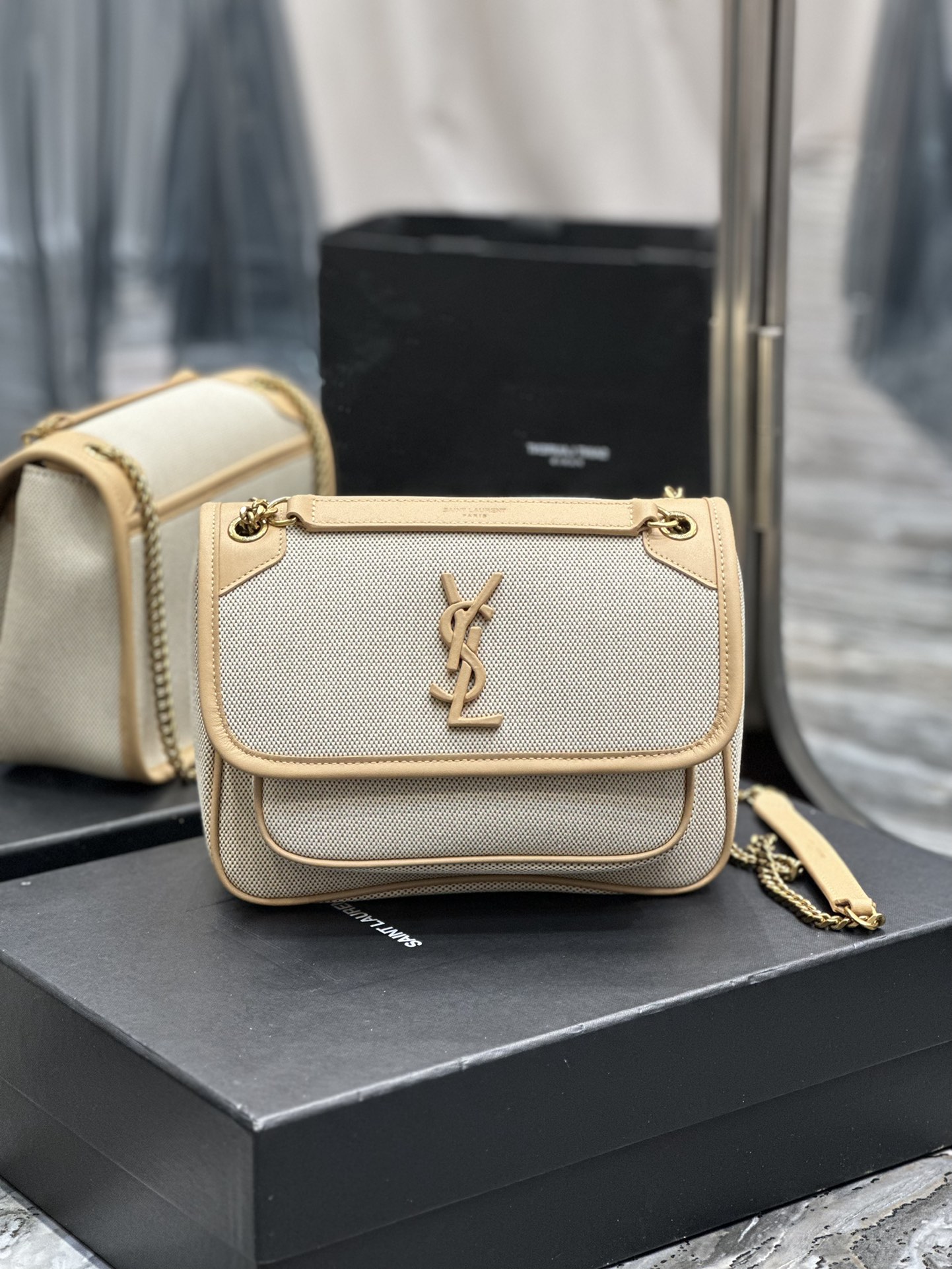 TOP Yves Saint Laurent YSL Cowhide Paired With Cotton And Linen Niki Bags - Coffee Colors - 2 Size&GHW