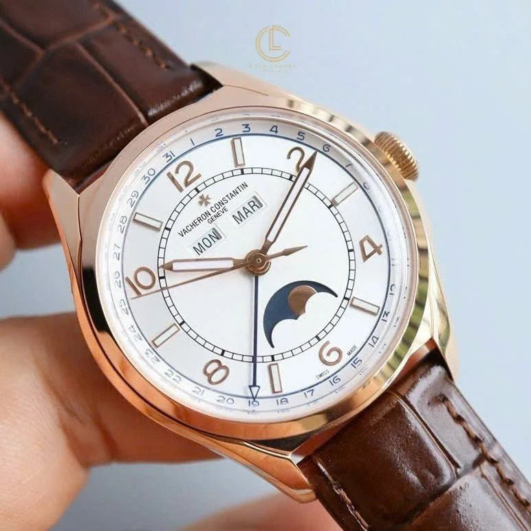 AAAWatch Vacheron Constantin Men’s Automatic Watch, Rose‑Gold Case, Moon Phase, Week‑Month Calendar Display, Brown Alligator Leather Strap Luxury Dress Wristwatch