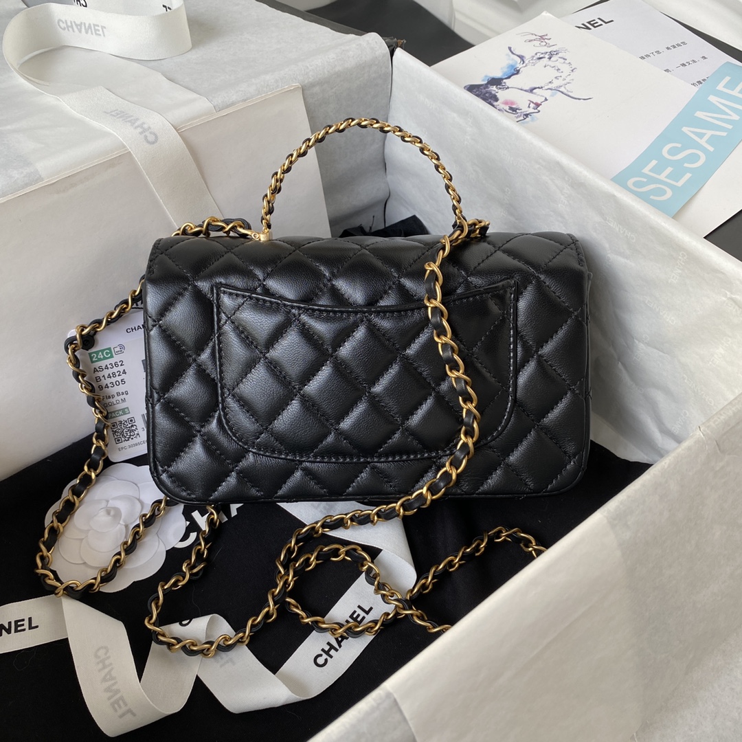 TOP CHANEL Black Diamond Handle Lambskin Bag 21CM - Black & GHW