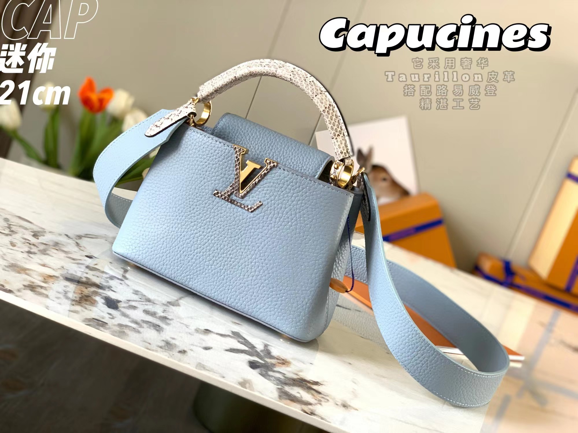 TOP Louis Vuitton LV Capucines Bag MINI 21x14x8cm - Light Blue with Python Leather Handles