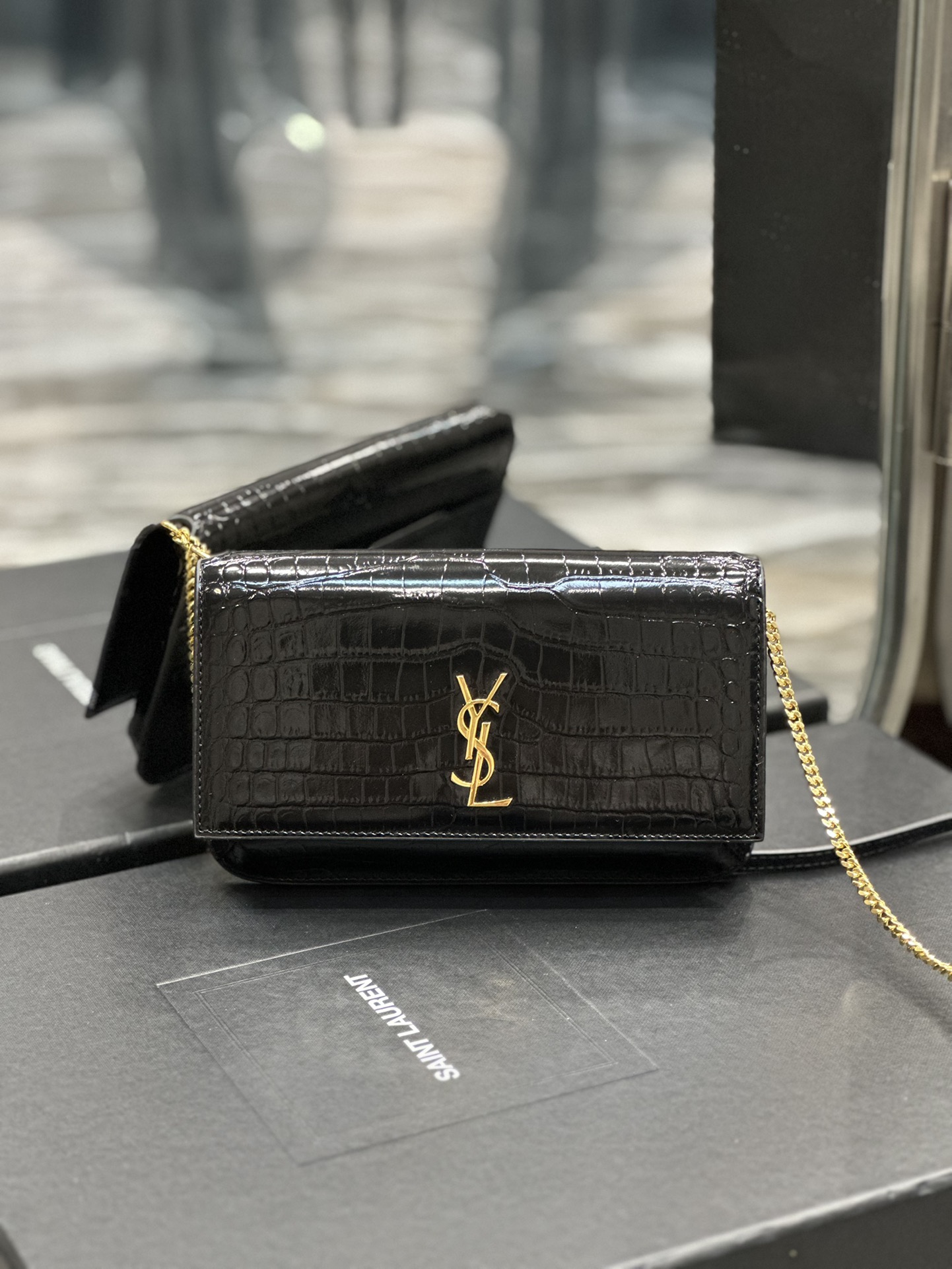 TOP Yves Saint Laurent YSL Monogram Phone Holder MINI Bag - Black & GHW - Crocodile Pattern