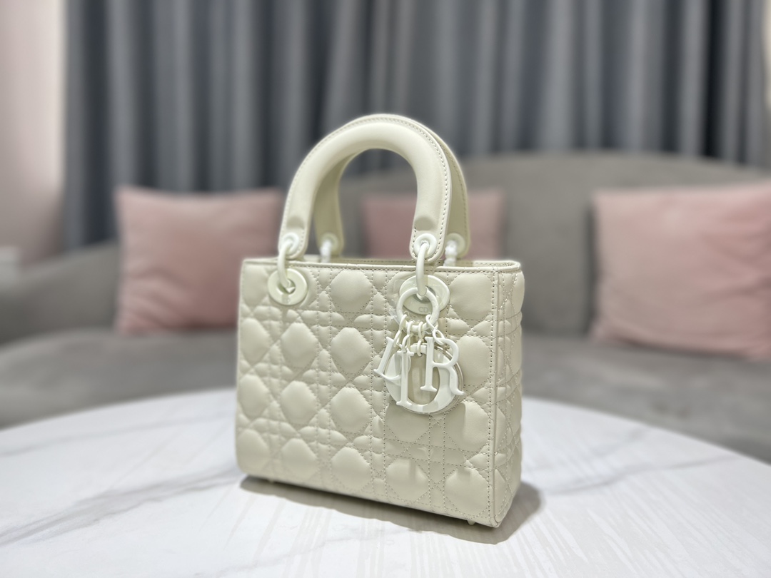 TOP Christian Dior Lady Christian Dior Bag Calfskin Matte Deerskin Velvet Lining - White - 20CM