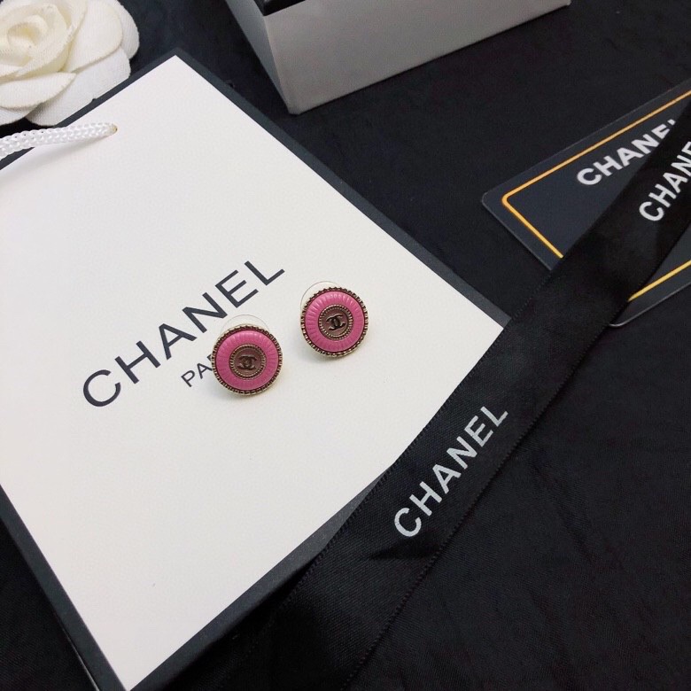 TOP CHANEL Double C Metal Round Stud Earrings - Pink