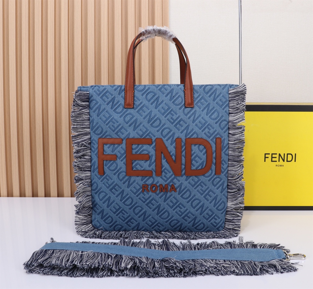 TOP FENDI Denim Tassel Tote Bags - Denim Blue - 2 Sizes