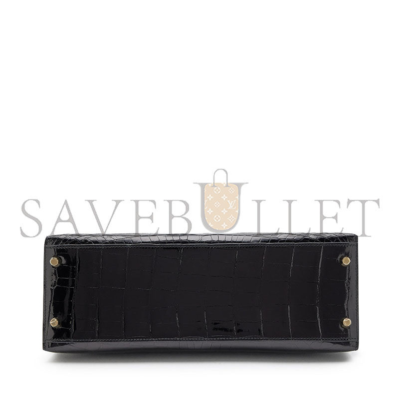 HERMÈS BLACK SHINY NILOTICUS CROCODILE SELLIER KELLY 32 GOLD HARDWARE 147892 (32*23*11cm)