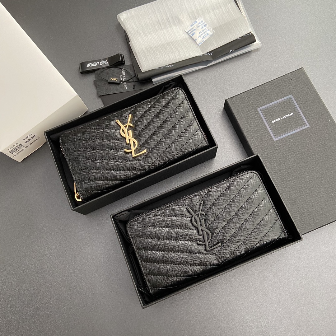 TOP Yves Saint Laurent YSL Calfskin Matelasse Wallet 19x9.5x2.5cm - Black & GHW