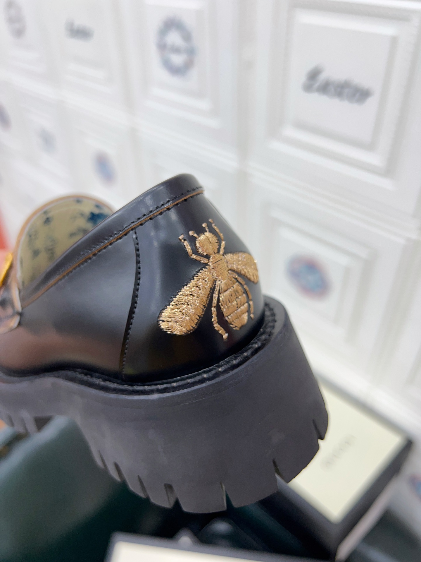 Gucci Horsebit Chunky Lug‑Sole Loafers, Black Leather With Embroidered Bee At Heel Shoes