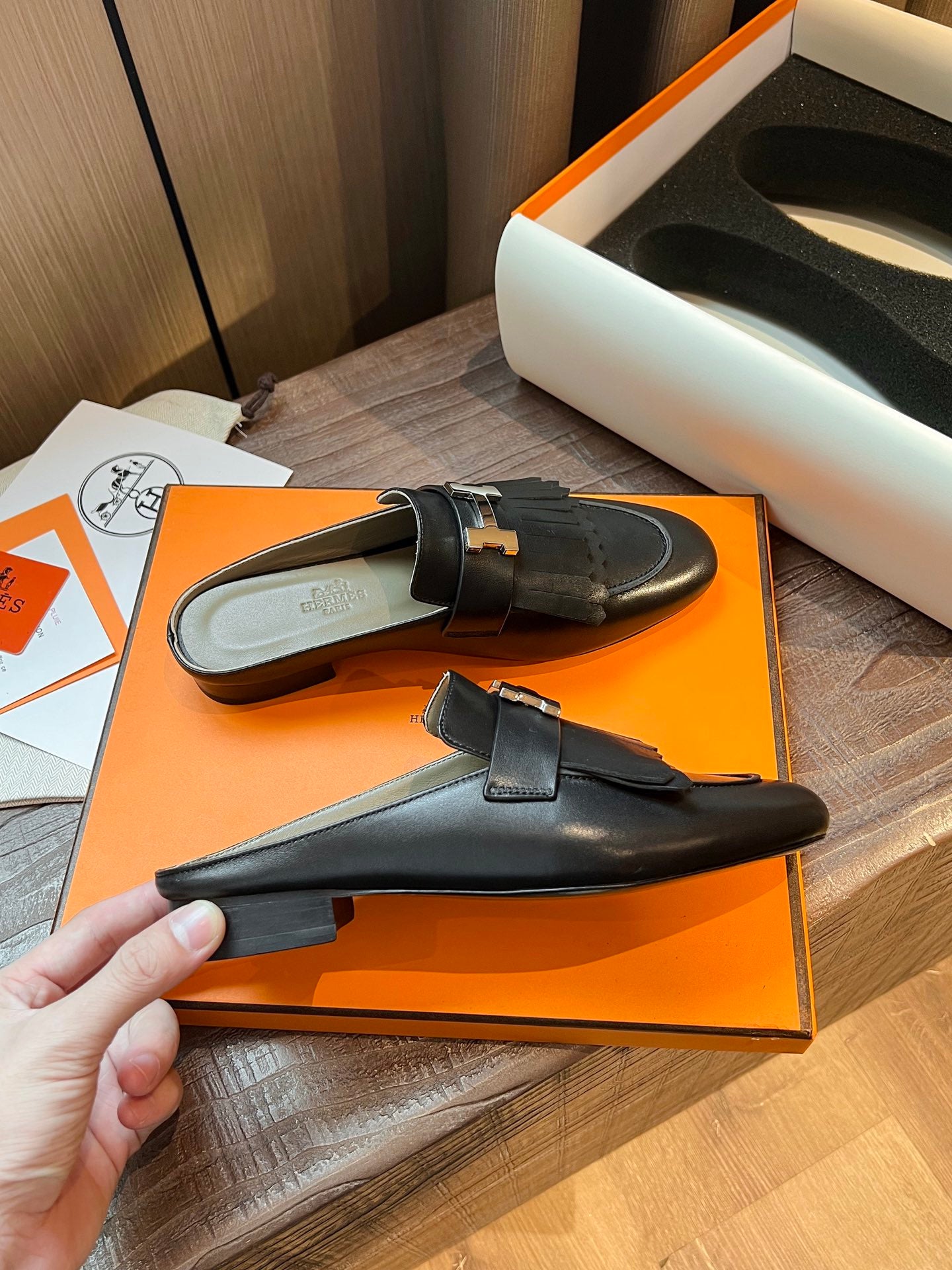 TOP HERMES Rivoli Mules - Black & SHW