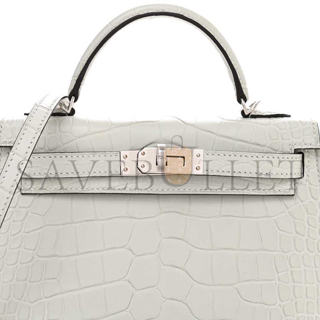 HERMÈS MATTE ALLIGATOR MINI KELLY II SELLIER GRIS NEVE (19*12*5.5cm)