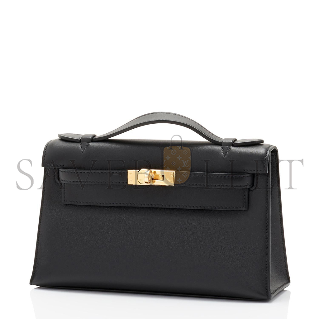 HERMÈS KELLY POCHETTE BLACK GOLD HARDWARE CLUTCH CUT BAG SWIFT (22*14*7cm)