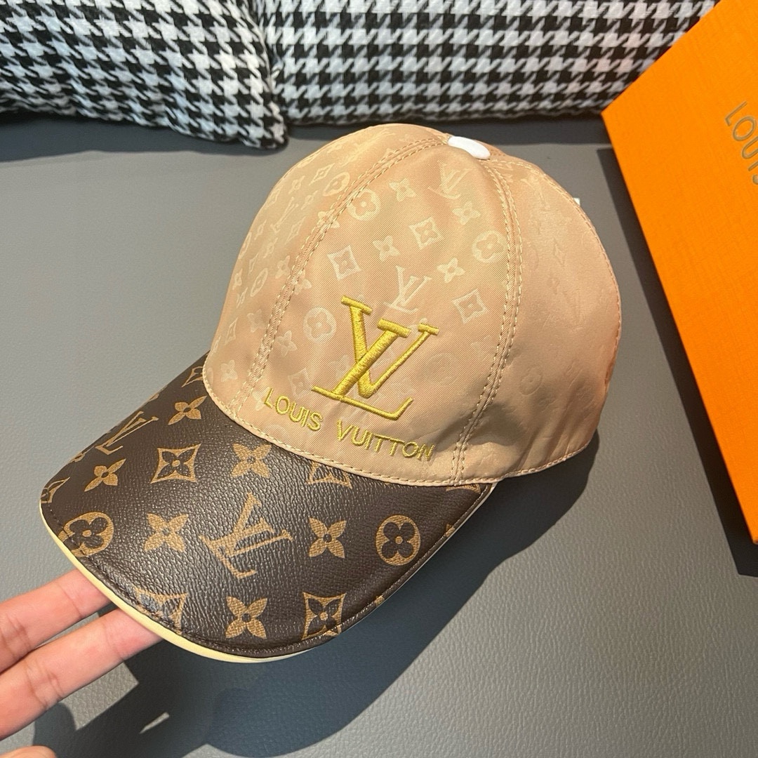 TOP Louis Vuitton LV Printed Satin Fabric + Monogram Leather Baseball Hat - 2 Color